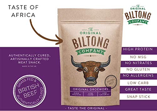 THE ORIGINAL BILTONG COMPANY - Original Droëwors. Traditional South African Meat Snack. High in Protein. Made from British & Irish Beef (Original, 250g)