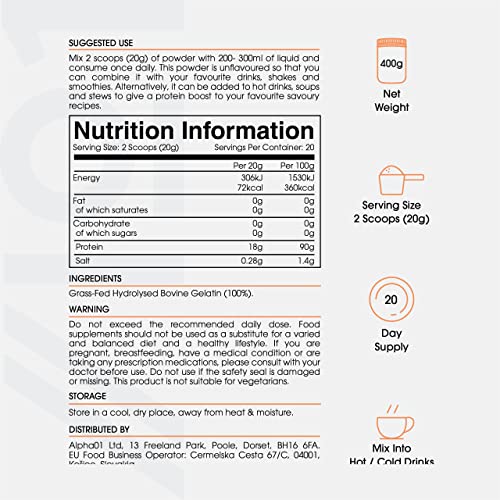 Bone Broth Beef Protein Powder - 400g - Unflavoured - 100% Grass-Fed & Pasture Raised Beef - Paleo & Keto Friendly. Halal, Kosher