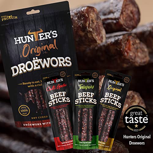 Hunters Beef Snack 12 Pack Combo – 28g Beef Biltong, 28g Beef Jerky, 40g Beef Sticks Droewors, High Protein, Low carb, Thin Sticks of Authentic Beef Droewors, Convenient Snack