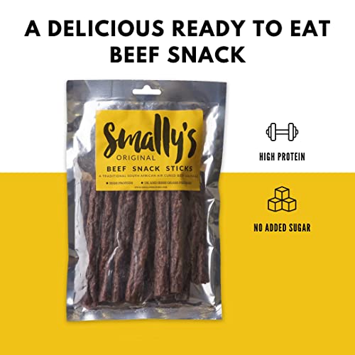 Smally's Biltong - Beef Snack Sticks, Original Flavour Droewors, High Protein Beef Snack, Traditional South African Air Cured Beef Sausage - 250g Pack