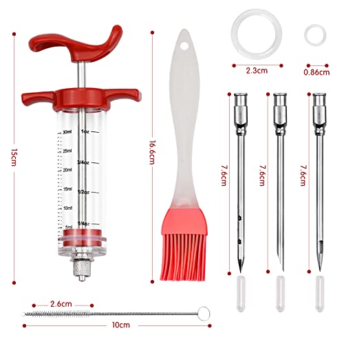 Meat Injector Syringe Kit 1-oz with 3 Marinade Needles and 1pc Barbecue Brush for Turkey Beef Steak BBQ 30 Milliliter