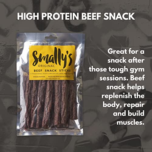 Smally's Biltong - Beef Snack Sticks, Original Flavour Droewors, High Protein Beef Snack, Traditional South African Air Cured Beef Sausage - 250g Pack