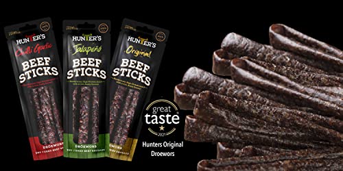 Hunters Beef Snack 12 Pack Combo – 28g Beef Biltong, 28g Beef Jerky, 40g Beef Sticks Droewors, High Protein, Low carb, Thin Sticks of Authentic Beef Droewors, Convenient Snack