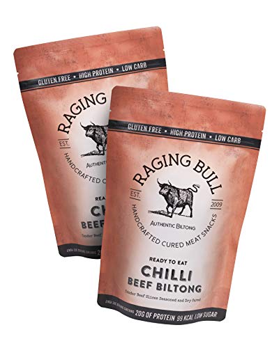 Raging Bull Chilli Beef Biltong - Delicious Authentic South African Biltong. Made with Natural Ingredients & Our Award-Winning Skills. Tender Snack high in Protein, Low in Carbs & Gluten Free. 500g.