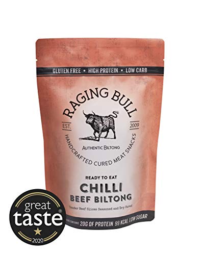 Raging Bull Chilli Beef Biltong - Delicious Authentic South African Biltong. Made with Natural Ingredients & Our Award-Winning Skills. Tender Snack high in Protein, Low in Carbs & Gluten Free. 500g.