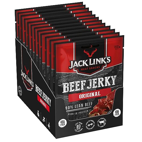 Jack Link's Beef Jerky, Original Flavour, Multipack of 12 x 40g Bags, High Protein Meat Snack, Perfect for On the Go or Post Gym