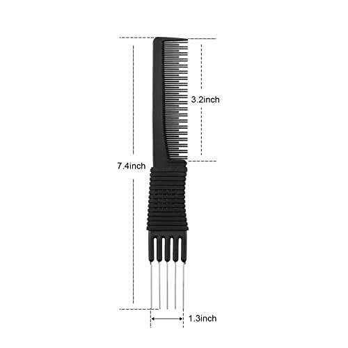 3 Pack Black Carbon Lift Teasing Combs with Metal Prong, Salon Teasing Back Combs, Black Carbon Comb with Stainless Steel Lift (Style A)