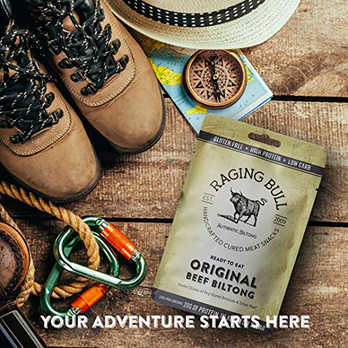 Raging Bull Chilli Beef Biltong - Delicious Authentic South African Biltong. Made with Natural Ingredients & Our Award-Winning Skills. Tender Snack high in Protein, Low in Carbs & Gluten Free. 500g.