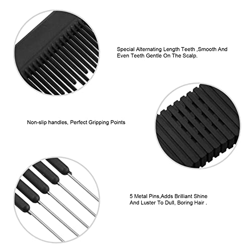 3 Pack Black Carbon Lift Teasing Combs with Metal Prong, Salon Teasing Back Combs, Black Carbon Comb with Stainless Steel Lift (Style A)