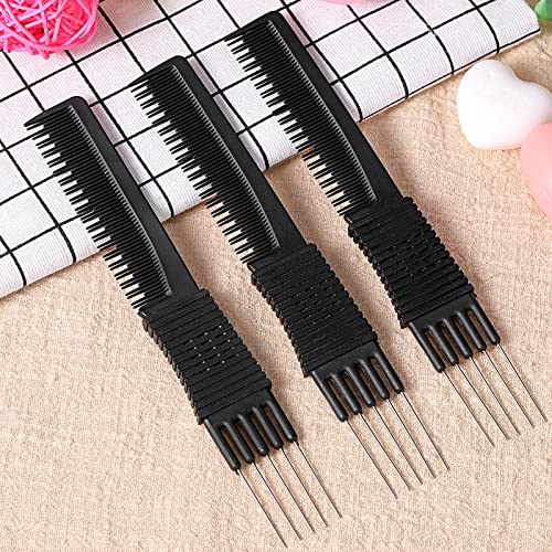 3 Pack Black Carbon Lift Teasing Combs with Metal Prong, Salon Teasing Back Combs, Black Carbon Comb with Stainless Steel Lift (Style A)