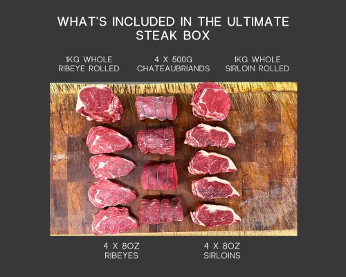 Reilly & Sons Ultimate Steak Box for Meat Lovers. 1Kg Whole Sirloin Rolled, 1Kg Whole Ribeye Rolled, 4 x 8oz Sirloins, 4 x 8oz Ribeyes, 4 x 500g Chateaubriands