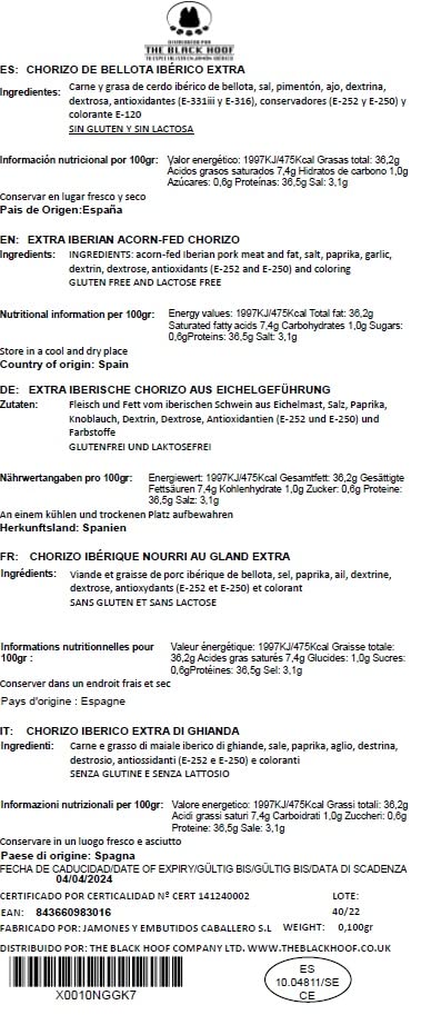 Chorizo Iberico de Bellota - 100 Grams Iberico Chorizo Slices Made from Pata Negra Acorn fed 100% Iberian Pigs