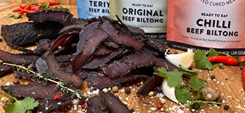 Raging Bull Biltong Taster Pack - 2x28g Bags of Original, Chilli and Teriyaki Beef Biltong and 2x50g of Original Droewors Sticks. Tender Snacks high in Protein, Low in Carbs and Utterly Delicious.