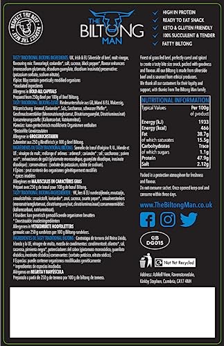 The Biltong Man | Tasty Traditional Fatty Beef Biltong | Healthy High Protein Dried Beef Snack | Low Sugar, Gluten-free & Keto-friendly, 250 grams