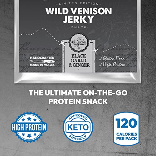 Wild & Game | Black Garlic & Ginger Venison Jerky | Lean and High Protein Snack | Wild & Natural Game Meat Made in UK | 6 x 40g packs