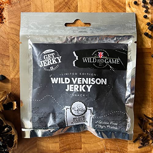 Wild & Game | Black Garlic & Ginger Venison Jerky | Lean and High Protein Snack | Wild & Natural Game Meat Made in UK | 6 x 40g packs
