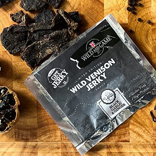 Wild & Game | Black Garlic & Ginger Venison Jerky | Lean and High Protein Snack | Wild & Natural Game Meat Made in UK | 6 x 40g packs