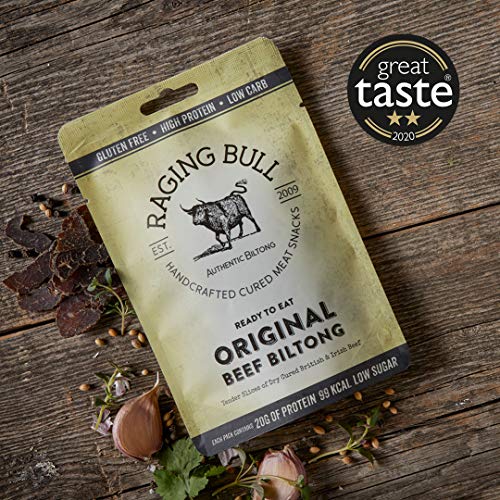 Raging Bull Original Beef Biltong - delicious authentic South African biltong. Made with natural ingredients & our award-winning skills. Tender snack high in protein, low in carbs & gluten free. 500g.
