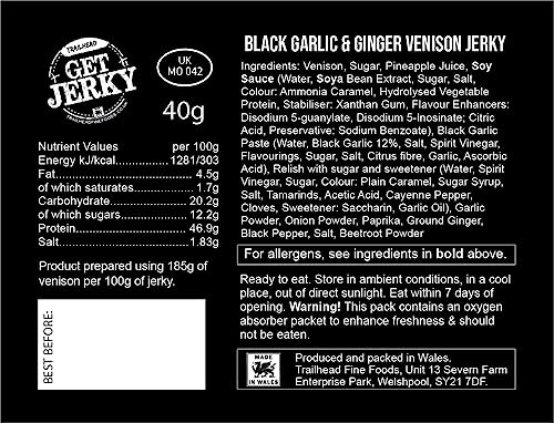 Wild & Game | Black Garlic & Ginger Venison Jerky | Lean and High Protein Snack | Wild & Natural Game Meat Made in UK | 6 x 40g packs