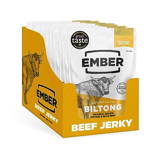 Ember Snacks: Biltong Beef Jerky Original Flavour (10 x 28g) - Protein Keto Snacks - On The Go Snack - From British and Irish Meat