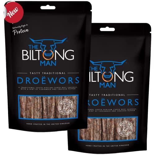 The Biltong Man | Tasty Traditional Droëwors Sticks | High Protein Beef Snack | 800 Grams (2 x 400g)