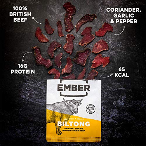 Ember Snacks: Biltong Beef Jerky Original Flavour (10 x 28g) - Protein Keto Snacks - On The Go Snack - From British and Irish Meat