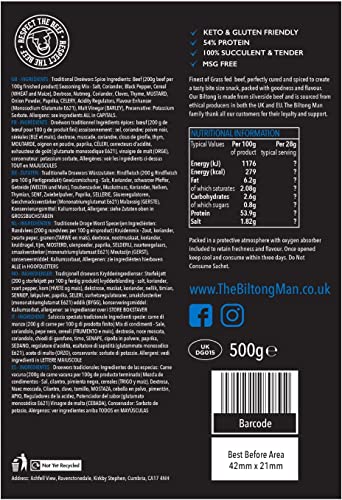 The Biltong Man | Tasty Traditional Droëwors Sticks | High Protein Beef Snack | 800 Grams (2 x 400g)