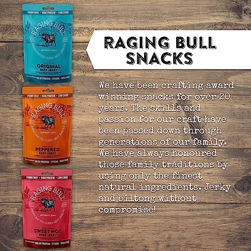Raging Bull Original Beef Biltong - delicious authentic South African biltong. Made with natural ingredients & our award-winning skills. Tender snack high in protein, low in carbs & gluten free. 500g.