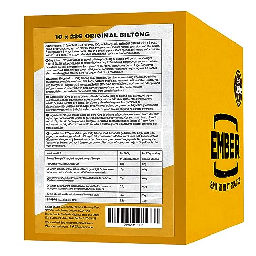 Ember Snacks: Biltong Beef Jerky Original Flavour (10 x 28g) - Protein Keto Snacks - On The Go Snack - From British and Irish Meat