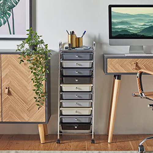 VonHaus Storage Trolley, 10 Drawer Monochrome Wheeled Makeup Trolley, Durable Storage with Plastic Drawers, Chrome Frame, Storage Panel & 360° Wheels, Versatile Organiser for Bedroom, Bathroom, Office