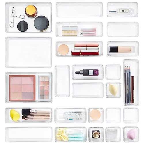 Lifewit 25pcs Drawer Organiser Set, Clear Makeup Trays Plastic, Desk Drawer Dividers Dresser Storage Bins Separation Box for Bathroom, Office, Cosmetic, Jewelries and Gadgets, Bedroom