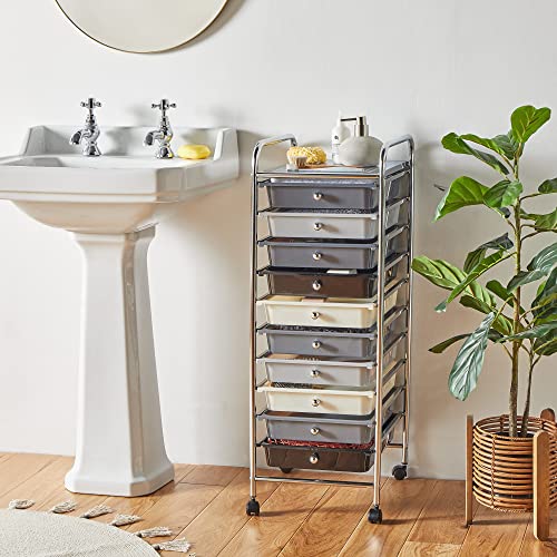 VonHaus Storage Trolley, 10 Drawer Monochrome Wheeled Makeup Trolley, Durable Storage with Plastic Drawers, Chrome Frame, Storage Panel & 360° Wheels, Versatile Organiser for Bedroom, Bathroom, Office