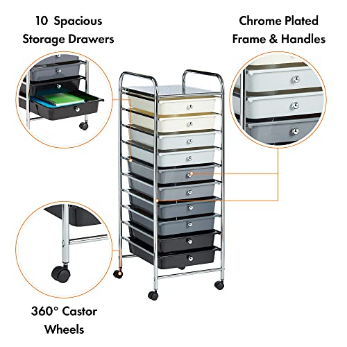 VonHaus Storage Trolley, 10 Drawer Monochrome Wheeled Makeup Trolley, Durable Storage with Plastic Drawers, Chrome Frame, Storage Panel & 360° Wheels, Versatile Organiser for Bedroom, Bathroom, Office