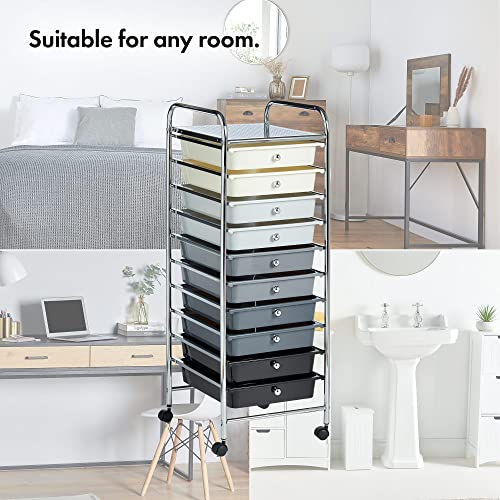 VonHaus Storage Trolley, 10 Drawer Monochrome Wheeled Makeup Trolley, Durable Storage with Plastic Drawers, Chrome Frame, Storage Panel & 360° Wheels, Versatile Organiser for Bedroom, Bathroom, Office
