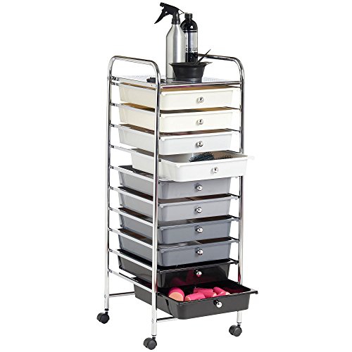 VonHaus Storage Trolley, 10 Drawer Monochrome Wheeled Makeup Trolley, Durable Storage with Plastic Drawers, Chrome Frame, Storage Panel & 360° Wheels, Versatile Organiser for Bedroom, Bathroom, Office