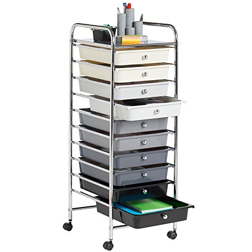 VonHaus Storage Trolley, 10 Drawer Monochrome Wheeled Makeup Trolley, Durable Storage with Plastic Drawers, Chrome Frame, Storage Panel & 360° Wheels, Versatile Organiser for Bedroom, Bathroom, Office