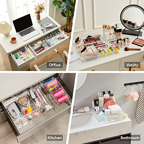 Lifewit 25pcs Drawer Organiser Set, Clear Makeup Trays Plastic, Desk Drawer Dividers Dresser Storage Bins Separation Box for Bathroom, Office, Cosmetic, Jewelries and Gadgets, Bedroom
