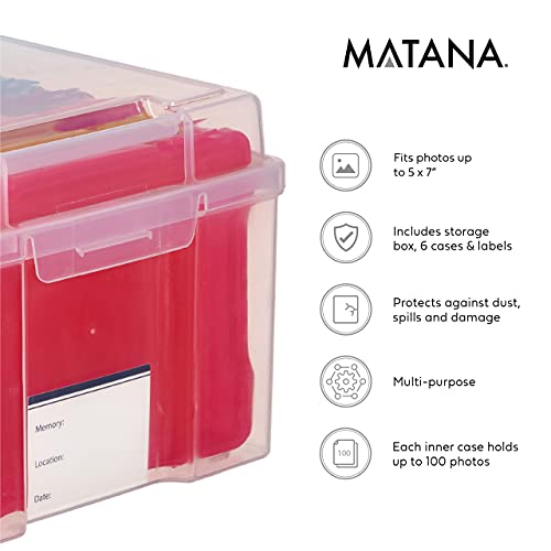 MATANA - 5"x7" Multicoloured Storage Box Photo & Crafts Organiser Including 6 Cases & Labels - For 600 Family Photos, Stationary, Arts, Toys, Seeds & More