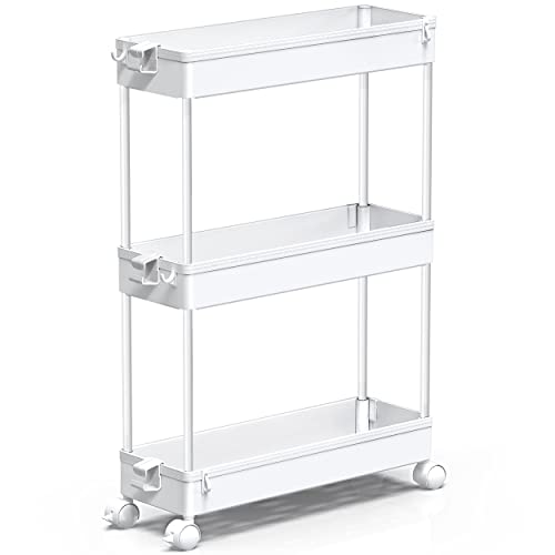 SPACEKEEPER Storage Trolley 3-Tier Slim Slide Out Rolling Utility Cart Mobile Shelving Unit Organizer Cart for Kitchen Bathroom Laundry Office, Plastic & Stainless Steel, White