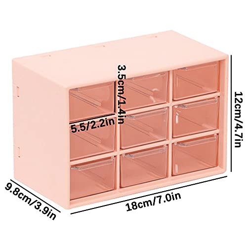 HMIEPRS Small Plastic Desktop Storage Boxes with Transparent Drawer, 3 Layer 9 Drawers Art Craft Organizer with Cute Sticker, Suitable to Store Cosmetics Jewelry Craft Stationery for Girl Women (Pink)
