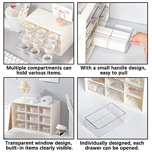 HMIEPRS Small Plastic Desktop Storage Boxes with Transparent Drawer, 3 Layer 9 Drawers Art Craft Organizer with Cute Sticker, Suitable to Store Cosmetics Jewelry Craft Stationery for Girl Women (Pink)