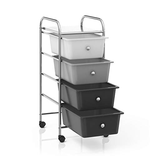 BillyOh 4 Drawer Plastic Storage Trolley Rolling Cart Multipurpose Unit for Home Office Organisation Stationery Beauty Salon Hairdressing Make-up Mobile Design with Shelving and Castor Wheels (Grey)
