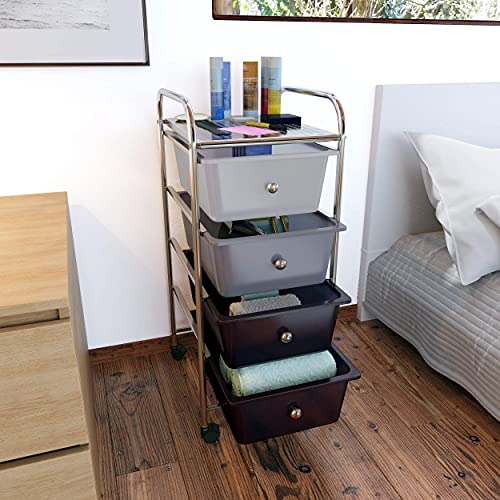 BillyOh 4 Drawer Plastic Storage Trolley Rolling Cart Multipurpose Unit for Home Office Organisation Stationery Beauty Salon Hairdressing Make-up Mobile Design with Shelving and Castor Wheels (Grey)