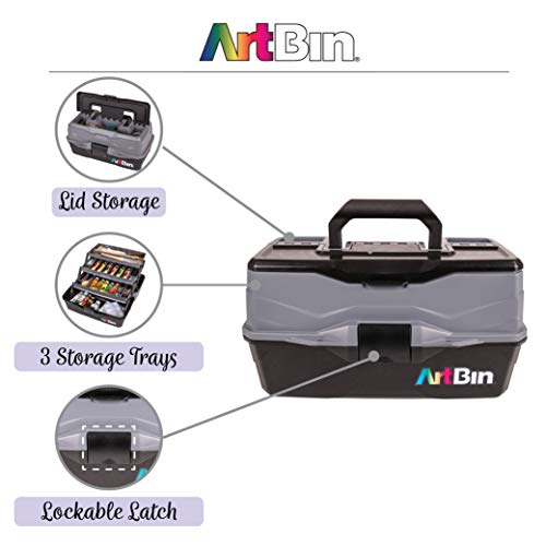 ArtBin 6893AG Portable Art & Craft Organizer with Lift-Up Trays [1] Plastic Storage Case Gray/Black, Multicoloured, Three