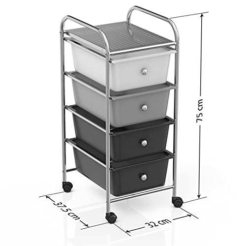 BillyOh 4 Drawer Plastic Storage Trolley Rolling Cart Multipurpose Unit for Home Office Organisation Stationery Beauty Salon Hairdressing Make-up Mobile Design with Shelving and Castor Wheels (Grey)