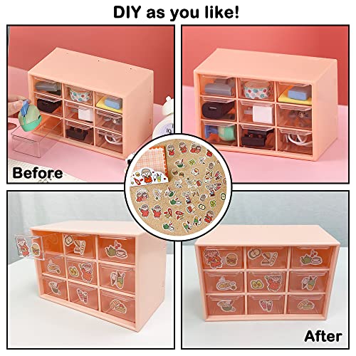 HMIEPRS Small Plastic Desktop Storage Boxes with Transparent Drawer, 3 Layer 9 Drawers Art Craft Organizer with Cute Sticker, Suitable to Store Cosmetics Jewelry Craft Stationery for Girl Women (Pink)