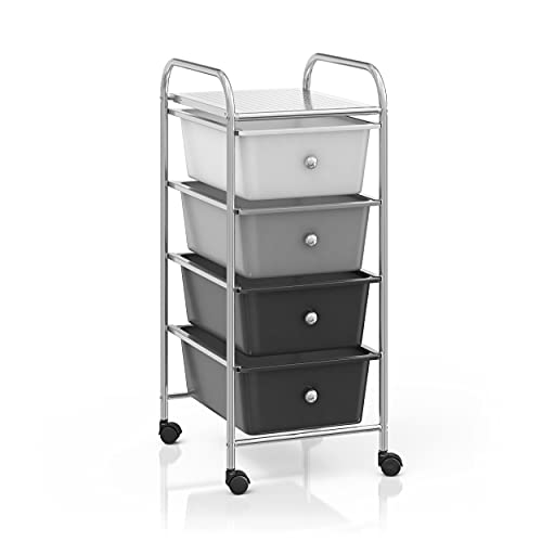 BillyOh 4 Drawer Plastic Storage Trolley Rolling Cart Multipurpose Unit for Home Office Organisation Stationery Beauty Salon Hairdressing Make-up Mobile Design with Shelving and Castor Wheels (Grey)