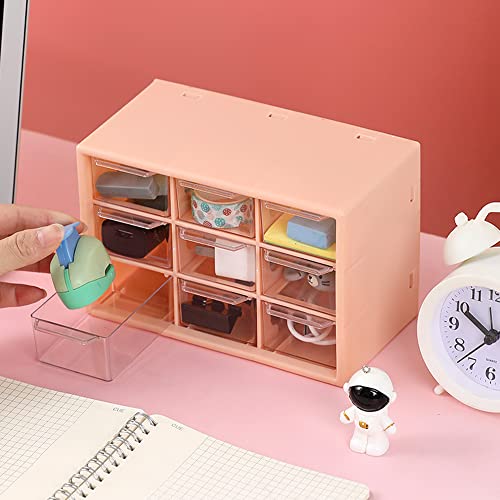 HMIEPRS Small Plastic Desktop Storage Boxes with Transparent Drawer, 3 Layer 9 Drawers Art Craft Organizer with Cute Sticker, Suitable to Store Cosmetics Jewelry Craft Stationery for Girl Women (Pink)
