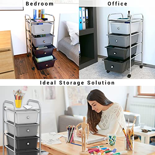 BillyOh 4 Drawer Plastic Storage Trolley Rolling Cart Multipurpose Unit for Home Office Organisation Stationery Beauty Salon Hairdressing Make-up Mobile Design with Shelving and Castor Wheels (Grey)