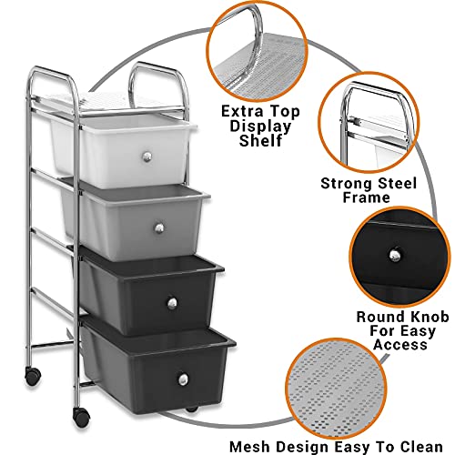 BillyOh 4 Drawer Plastic Storage Trolley Rolling Cart Multipurpose Unit for Home Office Organisation Stationery Beauty Salon Hairdressing Make-up Mobile Design with Shelving and Castor Wheels (Grey)